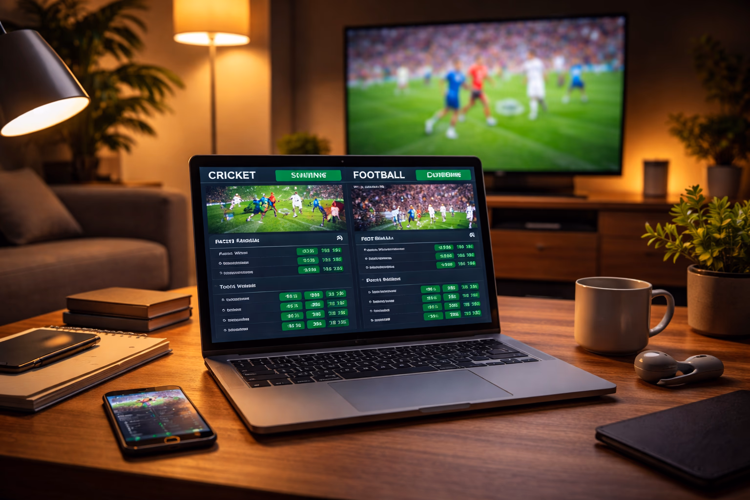 Modern home betting scene with live sports analysis on screen and 786Bet match markets open during a cricket evening