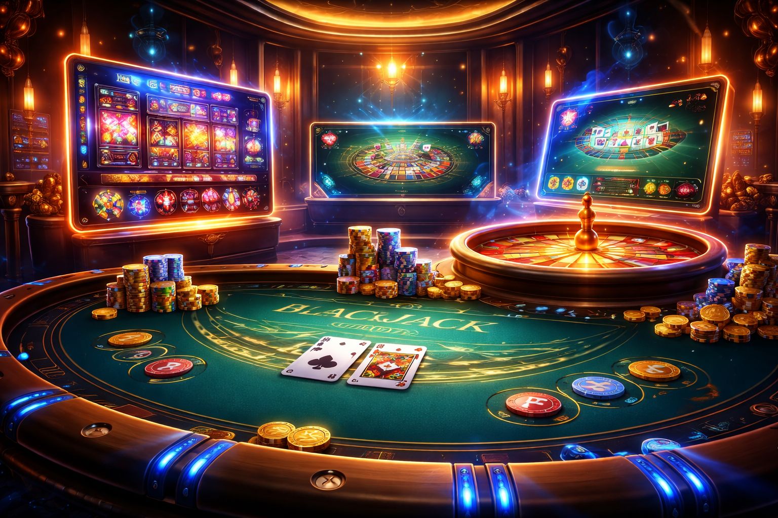 Stylized online casino table environment with cards, chips, and bright interface effects representing premium 786Bet casino play