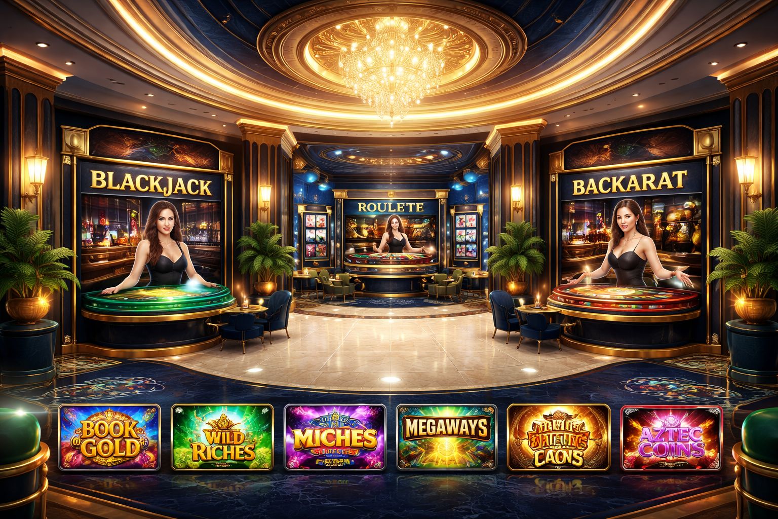 Modern virtual casino lobby with elegant lighting, gaming tables, and colorful slot displays inspired by 786Bet entertainment