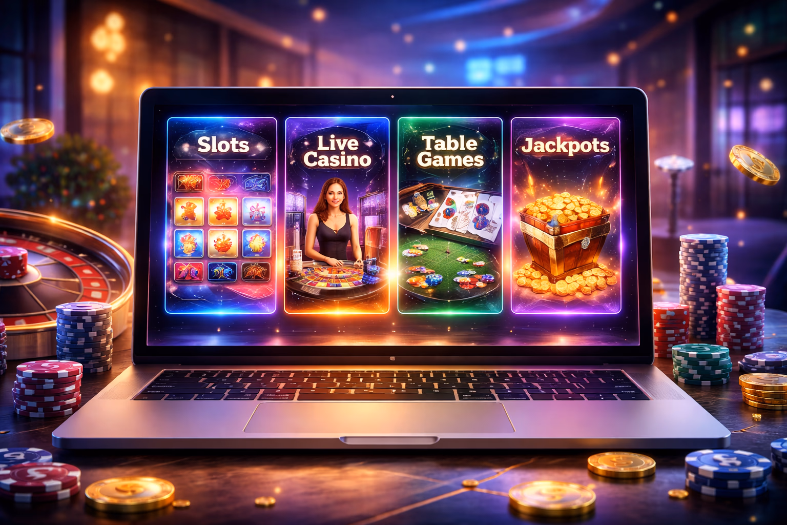 Modern laptop displaying dynamic 786Bet casino game categories with glowing reels, chips and digital table elements