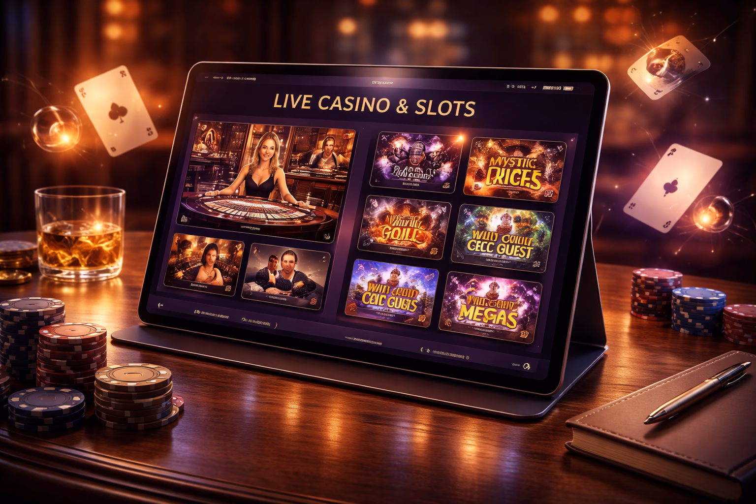 Stylish online gaming scene with tablet-based casino play, bright interface elements and 786Bet-inspired visuals