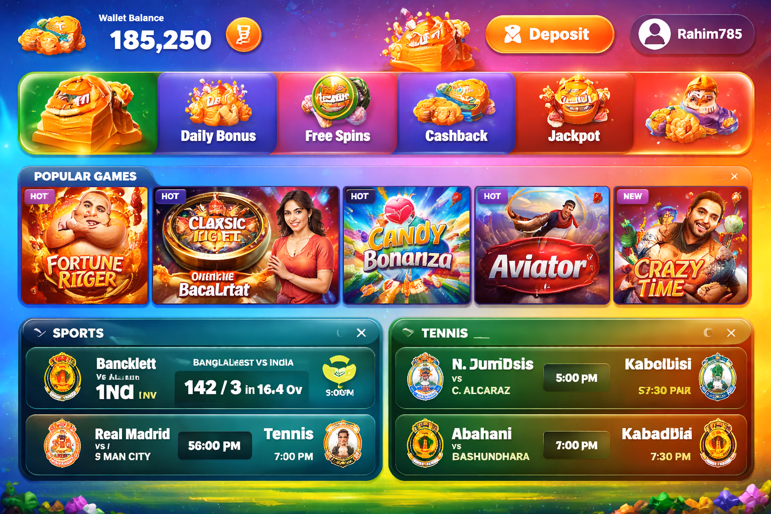 Modern 786Bet user dashboard display with rewards, wallet details, and gaming access in a vibrant setting